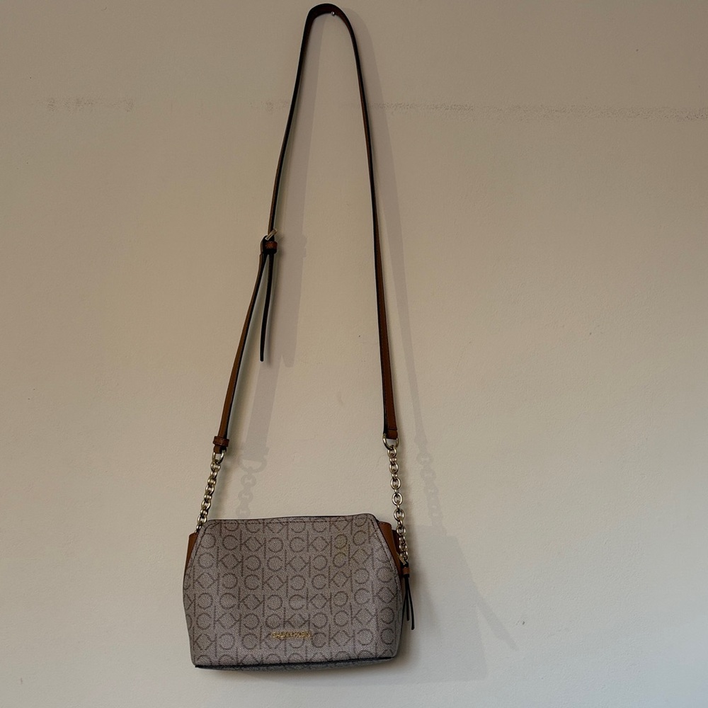Calvin Klein Signature Gray and Brown Crossbody Bag